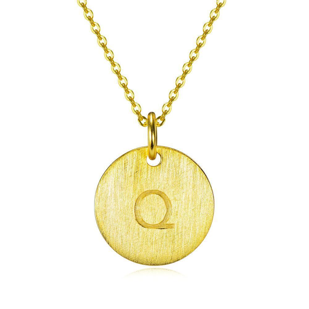 14K Yellow Gold Script Disc Initial Necklace Round Letter 'Q' Pendant in 925 Sterling Siver 18'