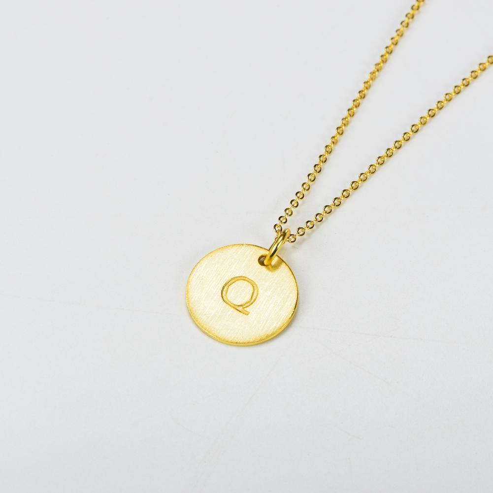 14K Yellow Gold Script Disc Initial Necklace Round Letter 'Q' Pendant in 925 Sterling Siver 18'
