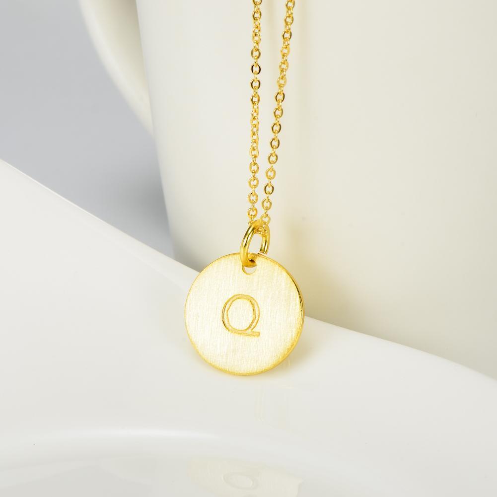 14K Yellow Gold Script Disc Initial Necklace Round Letter 'Q' Pendant in 925 Sterling Siver 18'
