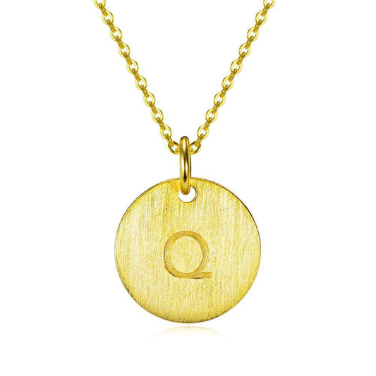 14K Yellow Gold Script Disc Initial Necklace Round Letter 'Q' Pendant in 925 Sterling Siver 18'