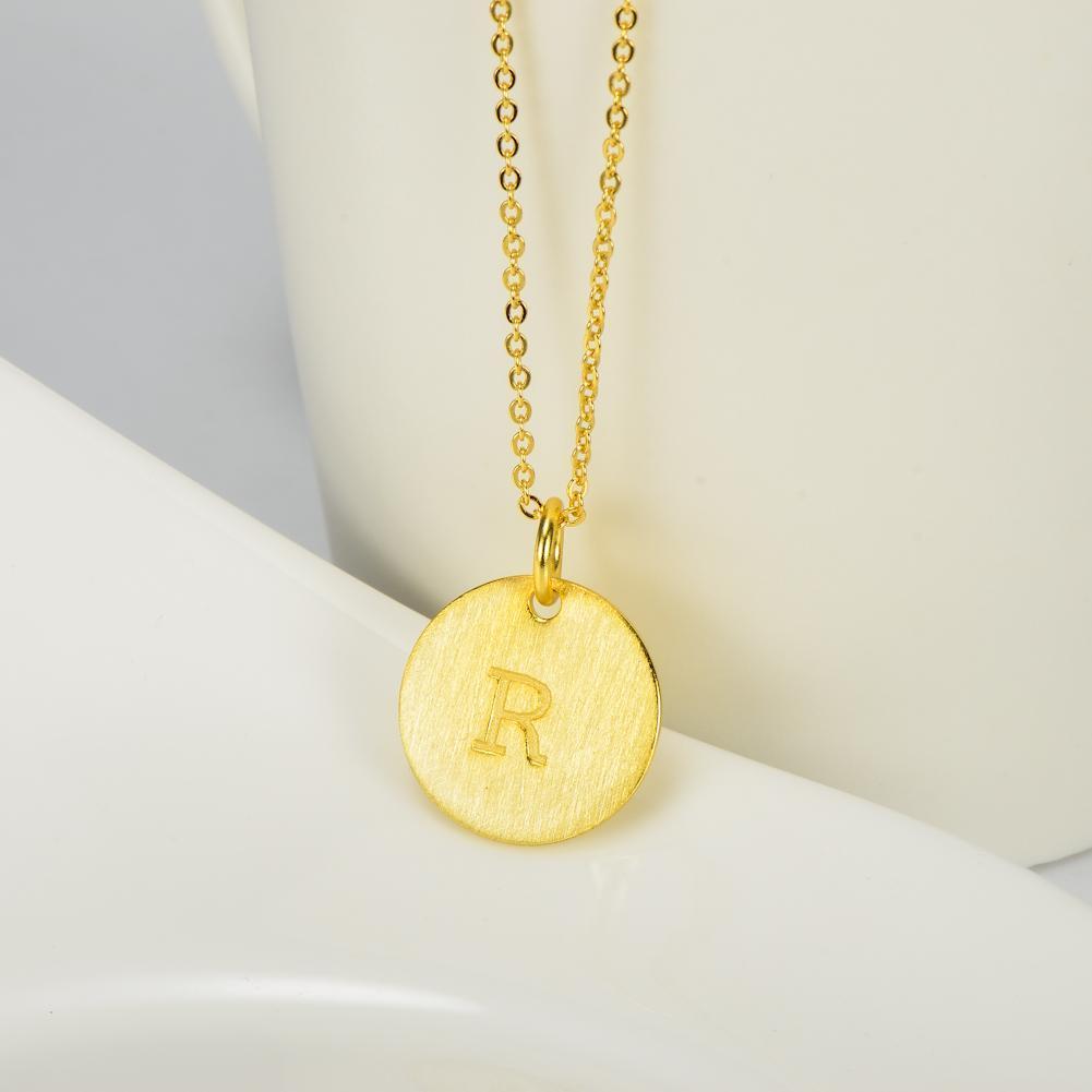 14K Yellow Gold Script Disc Initial Necklace Round Letter 'R' Pendant in 925 Sterling Siver 18'