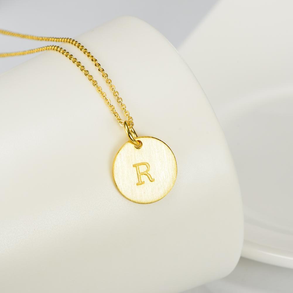 14K Yellow Gold Script Disc Initial Necklace Round Letter 'R' Pendant in 925 Sterling Siver 18'