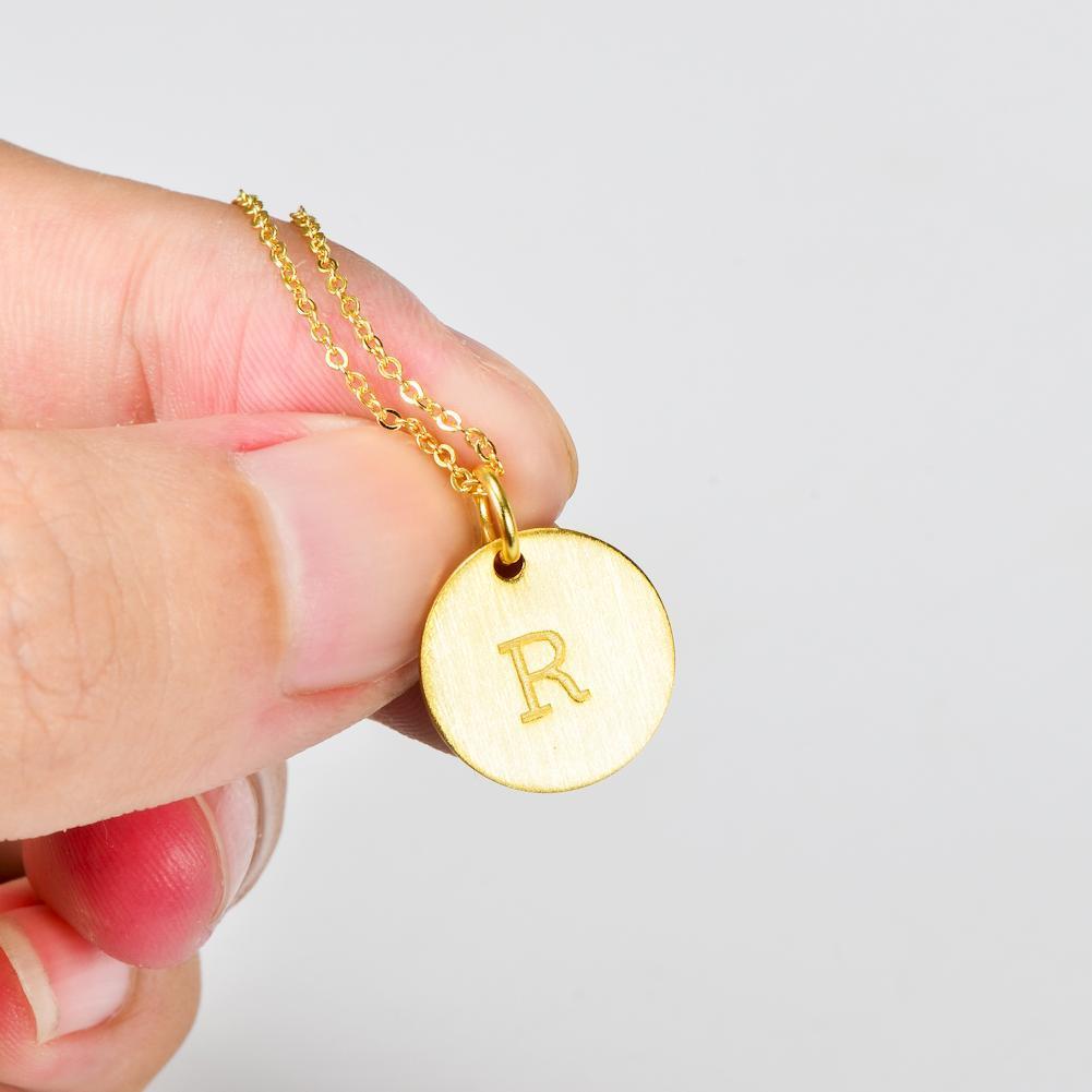 14K Yellow Gold Script Disc Initial Necklace Round Letter 'R' Pendant in 925 Sterling Siver 18'