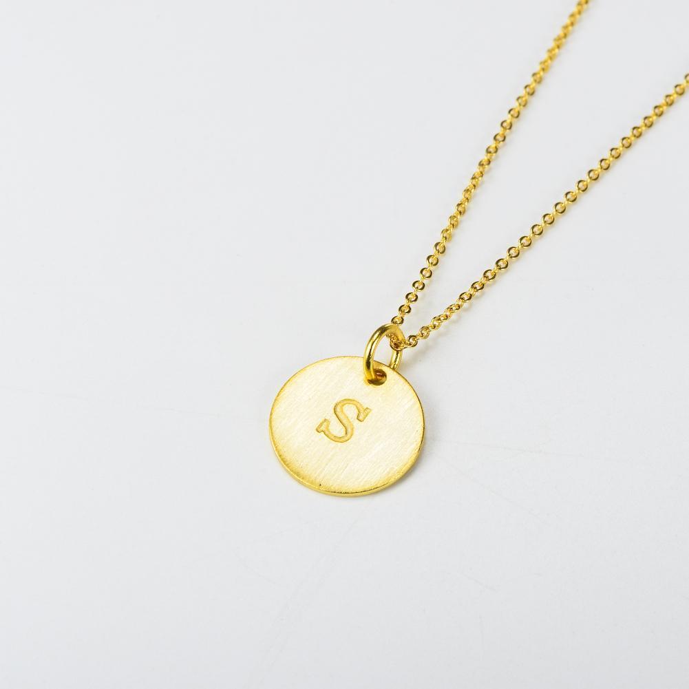 14K Yellow Gold Script Disc Initial Necklace Round Letter 'S' Pendant in 925 Sterling Siver 18'