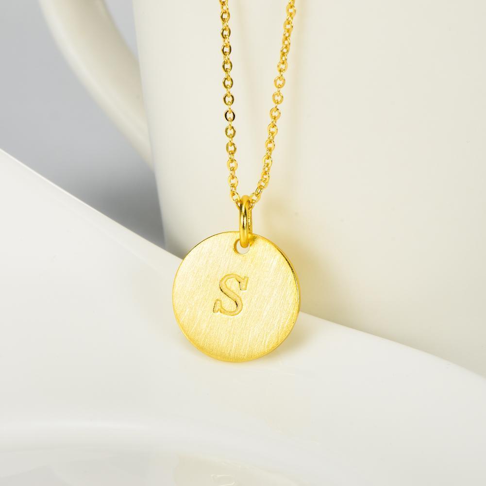 14K Yellow Gold Script Disc Initial Necklace Round Letter 'S' Pendant in 925 Sterling Siver 18'