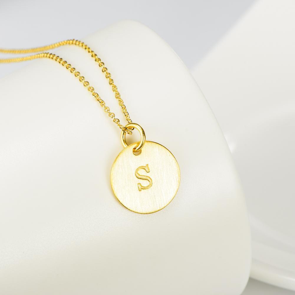 14K Yellow Gold Script Disc Initial Necklace Round Letter 'S' Pendant in 925 Sterling Siver 18'