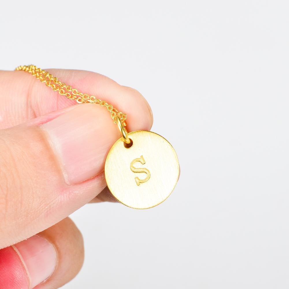 14K Yellow Gold Script Disc Initial Necklace Round Letter 'S' Pendant in 925 Sterling Siver 18'