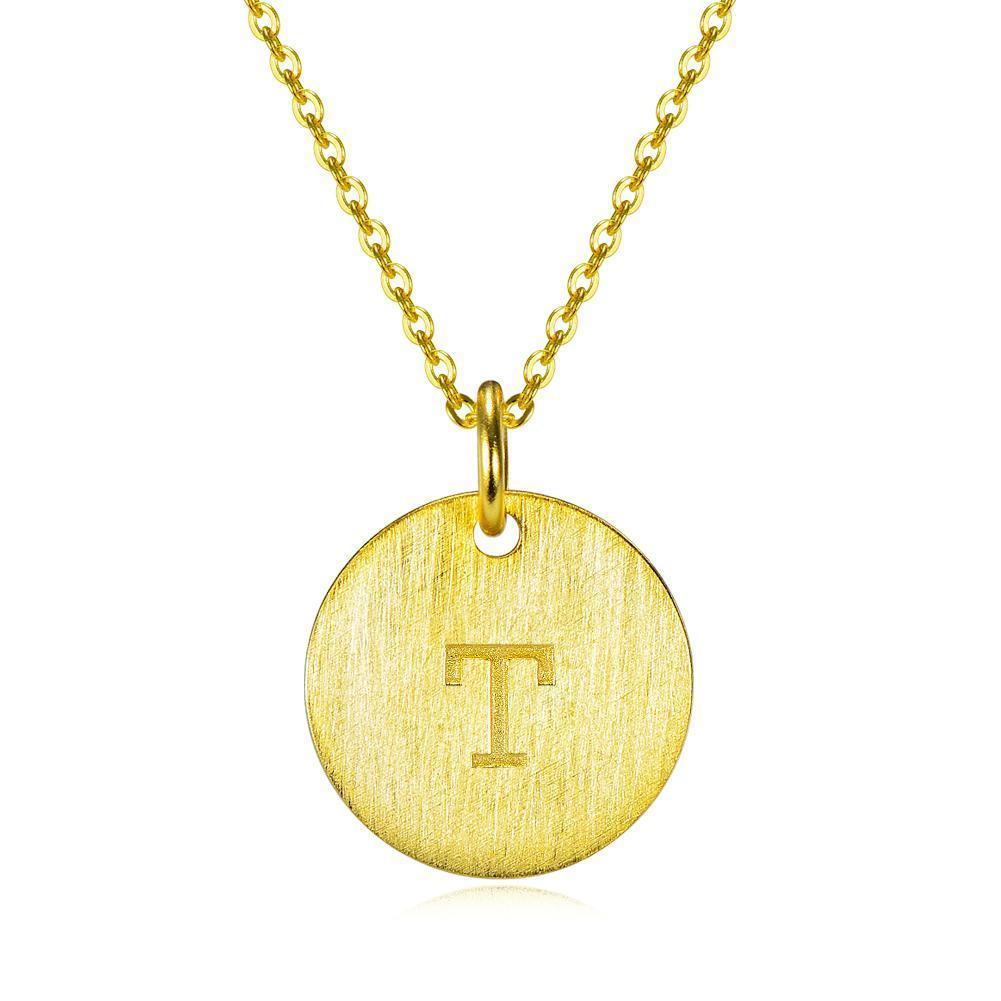 14K Yellow Gold Script Disc Initial Necklace Round Letter 'T' Pendant in 925 Sterling Siver
