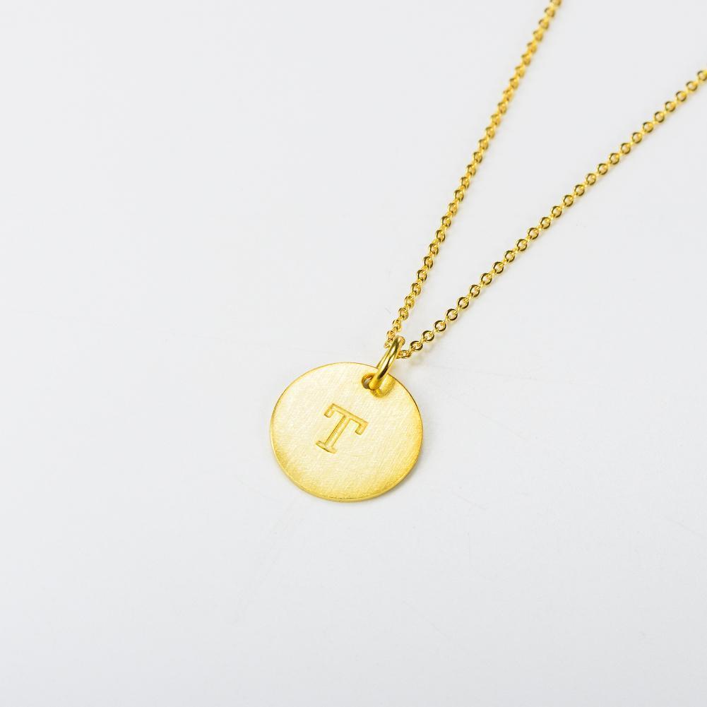 14K Yellow Gold Script Disc Initial Necklace Round Letter 'T' Pendant in 925 Sterling Siver