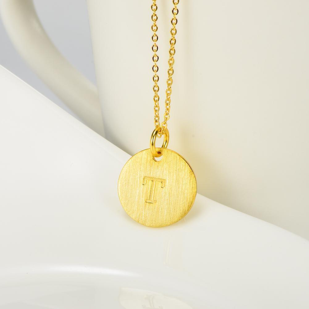 14K Yellow Gold Script Disc Initial Necklace Round Letter 'T' Pendant in 925 Sterling Siver
