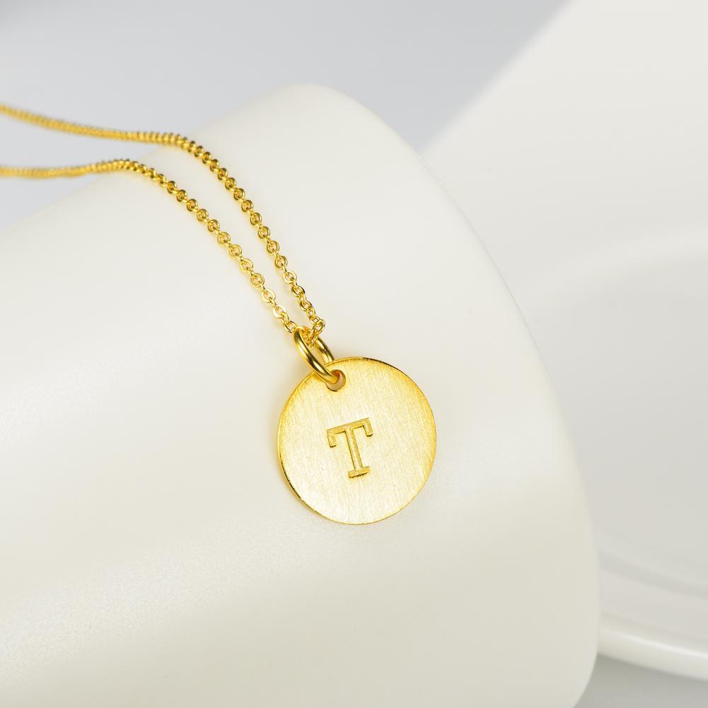 14K Yellow Gold Script Disc Initial Necklace Round Letter 'T' Pendant in 925 Sterling Siver