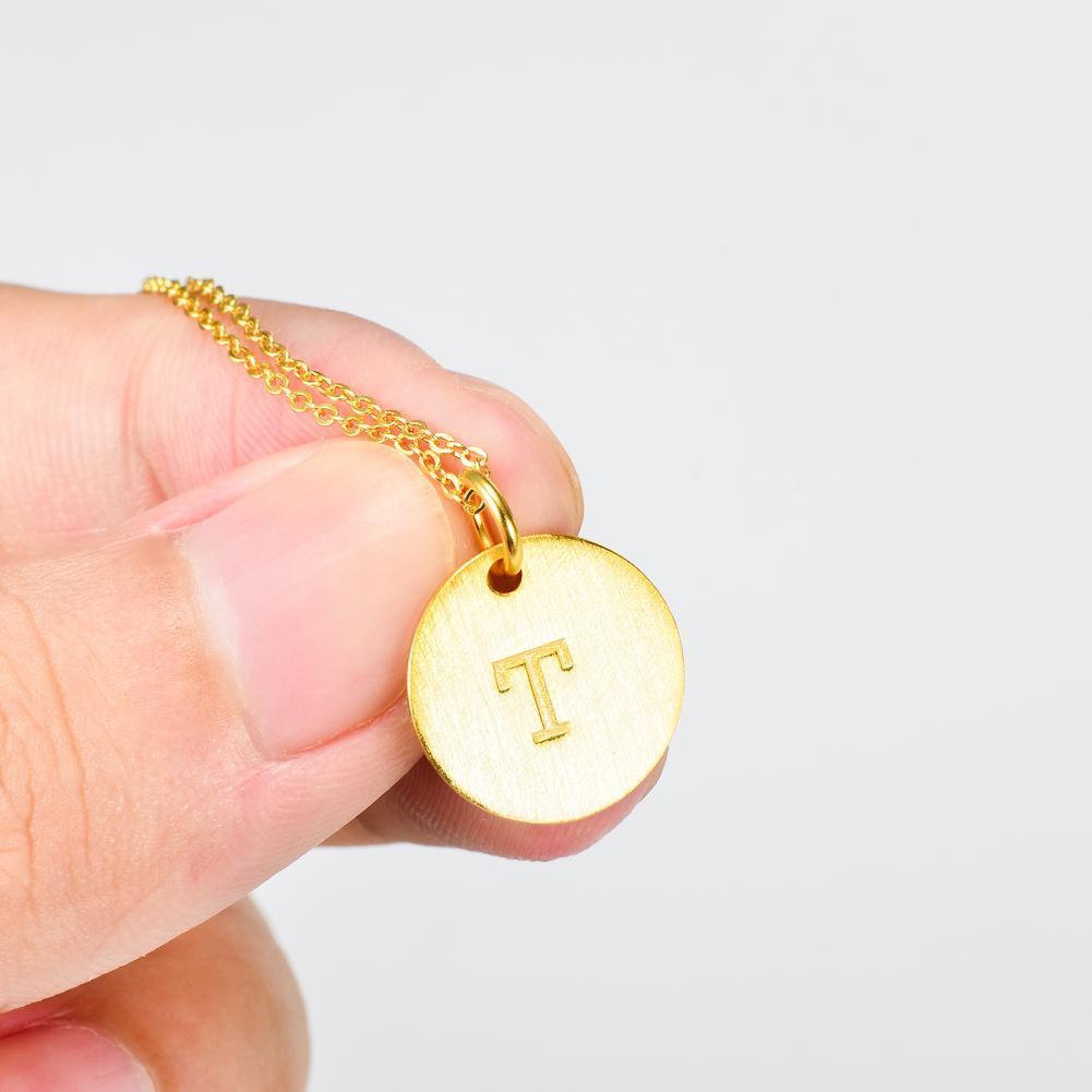 14K Yellow Gold Script Disc Initial Necklace Round Letter 'T' Pendant in 925 Sterling Siver