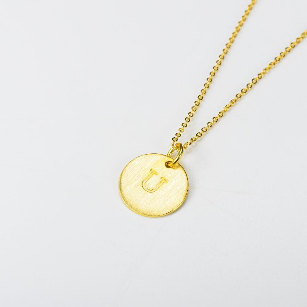 14K Yellow Gold Script Disc Initial Necklace Round Letter 'U' Pendant in 925 Sterling Siver 18'