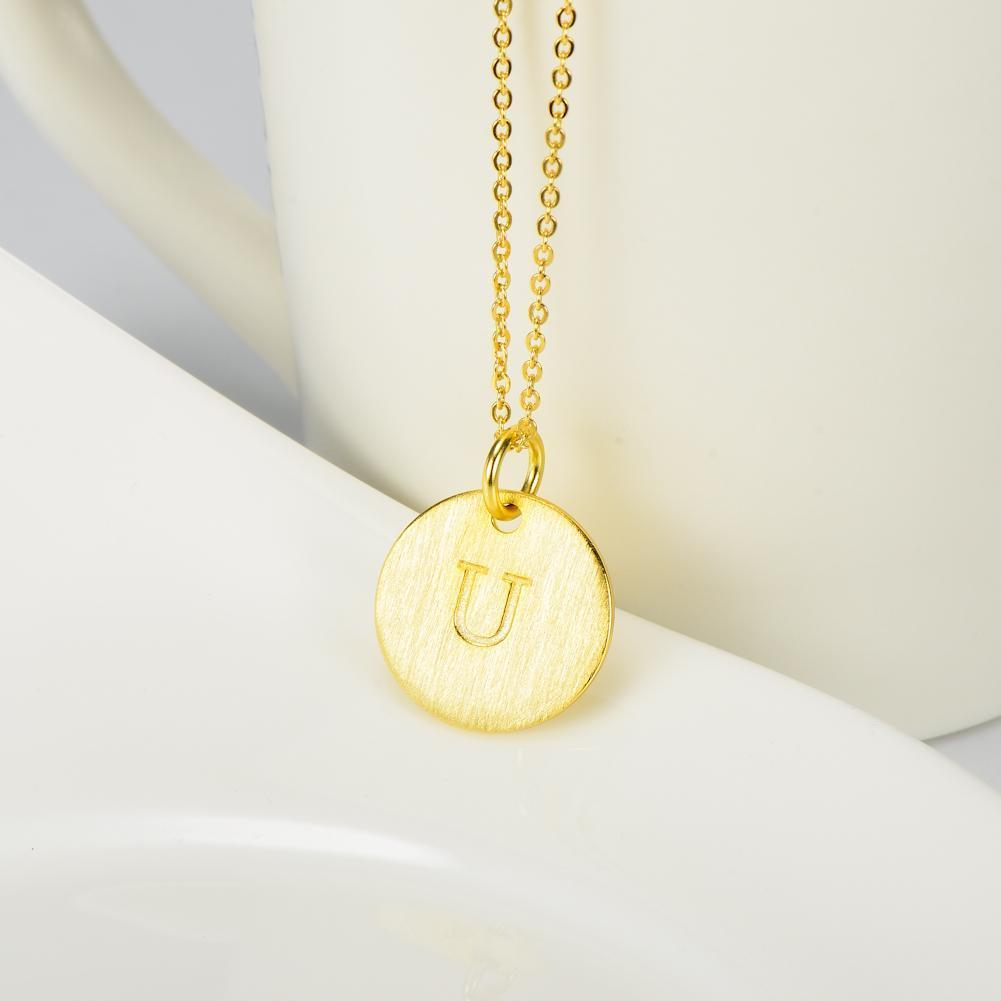 14K Yellow Gold Script Disc Initial Necklace Round Letter 'U' Pendant in 925 Sterling Siver 18'