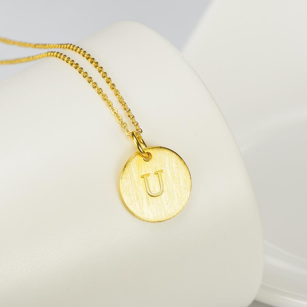 14K Yellow Gold Script Disc Initial Necklace Round Letter 'U' Pendant in 925 Sterling Siver 18'