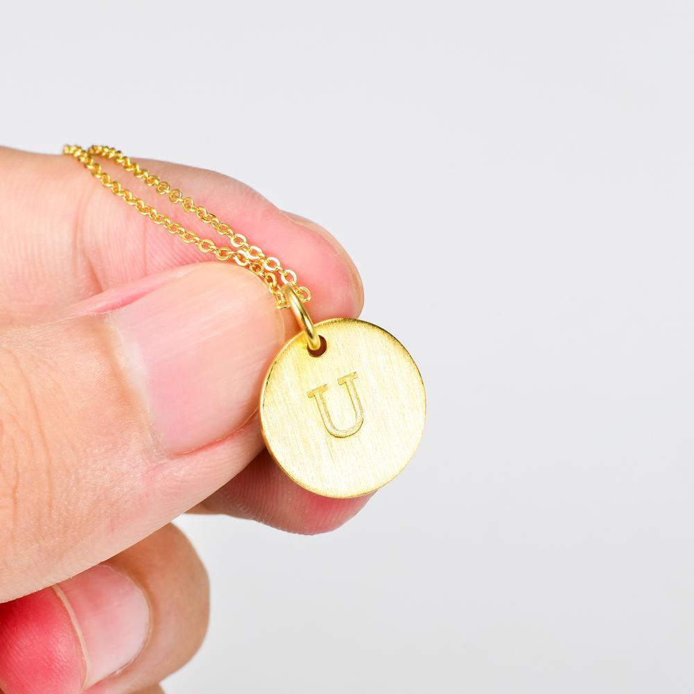 14K Yellow Gold Script Disc Initial Necklace Round Letter 'U' Pendant in 925 Sterling Siver 18'