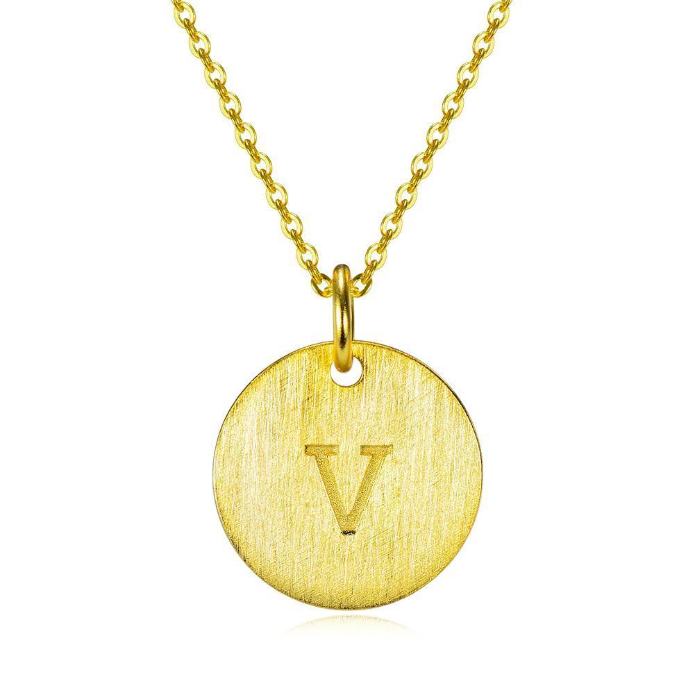 14K Yellow Gold Script Disc Initial Necklace Round Letter 'V' Pendant in 925 Sterling Siver 18'
