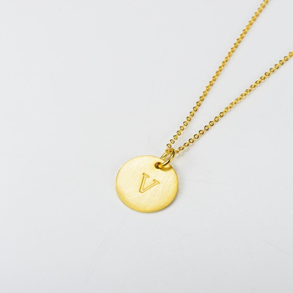 14K Yellow Gold Script Disc Initial Necklace Round Letter 'V' Pendant in 925 Sterling Siver 18'