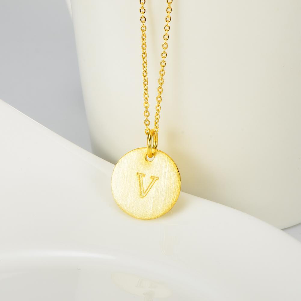 14K Yellow Gold Script Disc Initial Necklace Round Letter 'V' Pendant in 925 Sterling Siver 18'