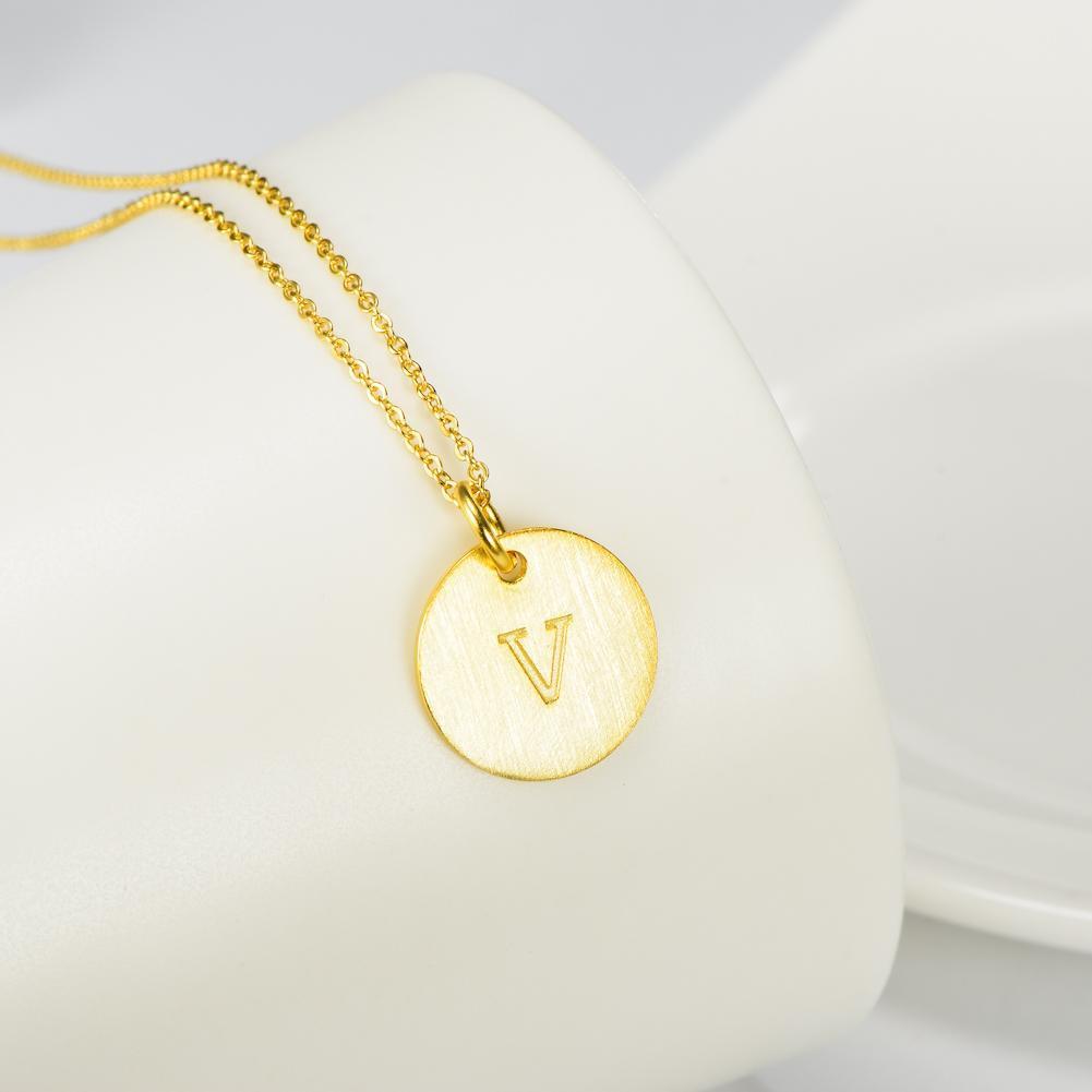 14K Yellow Gold Script Disc Initial Necklace Round Letter 'V' Pendant in 925 Sterling Siver 18'