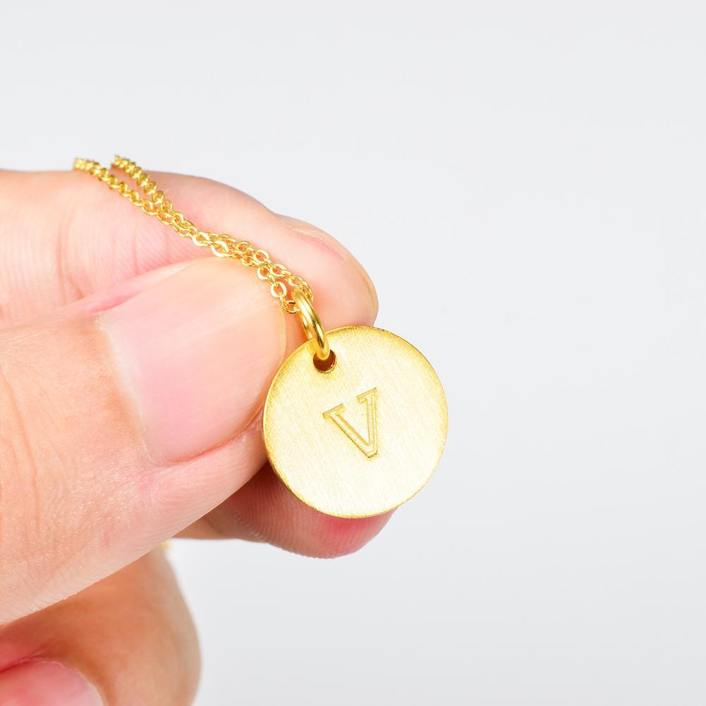 14K Yellow Gold Script Disc Initial Necklace Round Letter 'V' Pendant in 925 Sterling Siver 18'