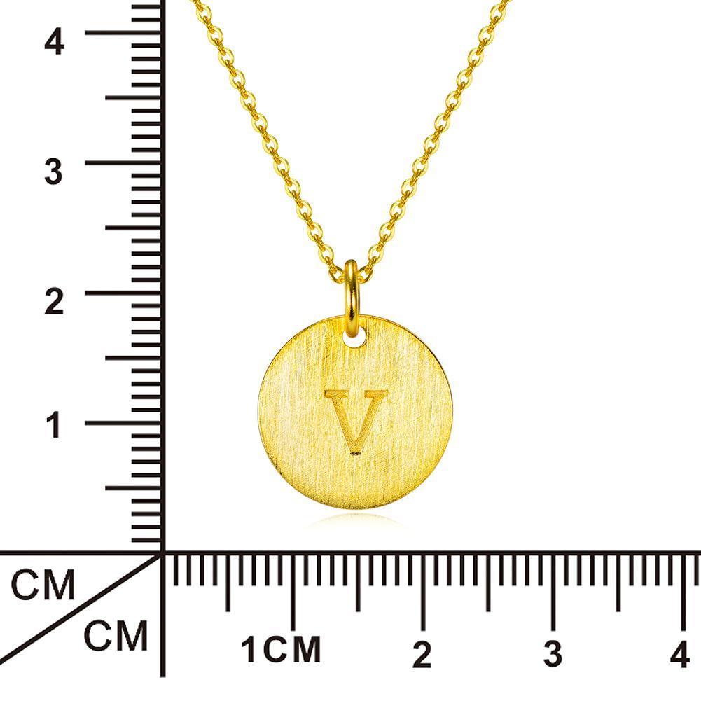 14K Yellow Gold Script Disc Initial Necklace Round Letter 'V' Pendant in 925 Sterling Siver 18'