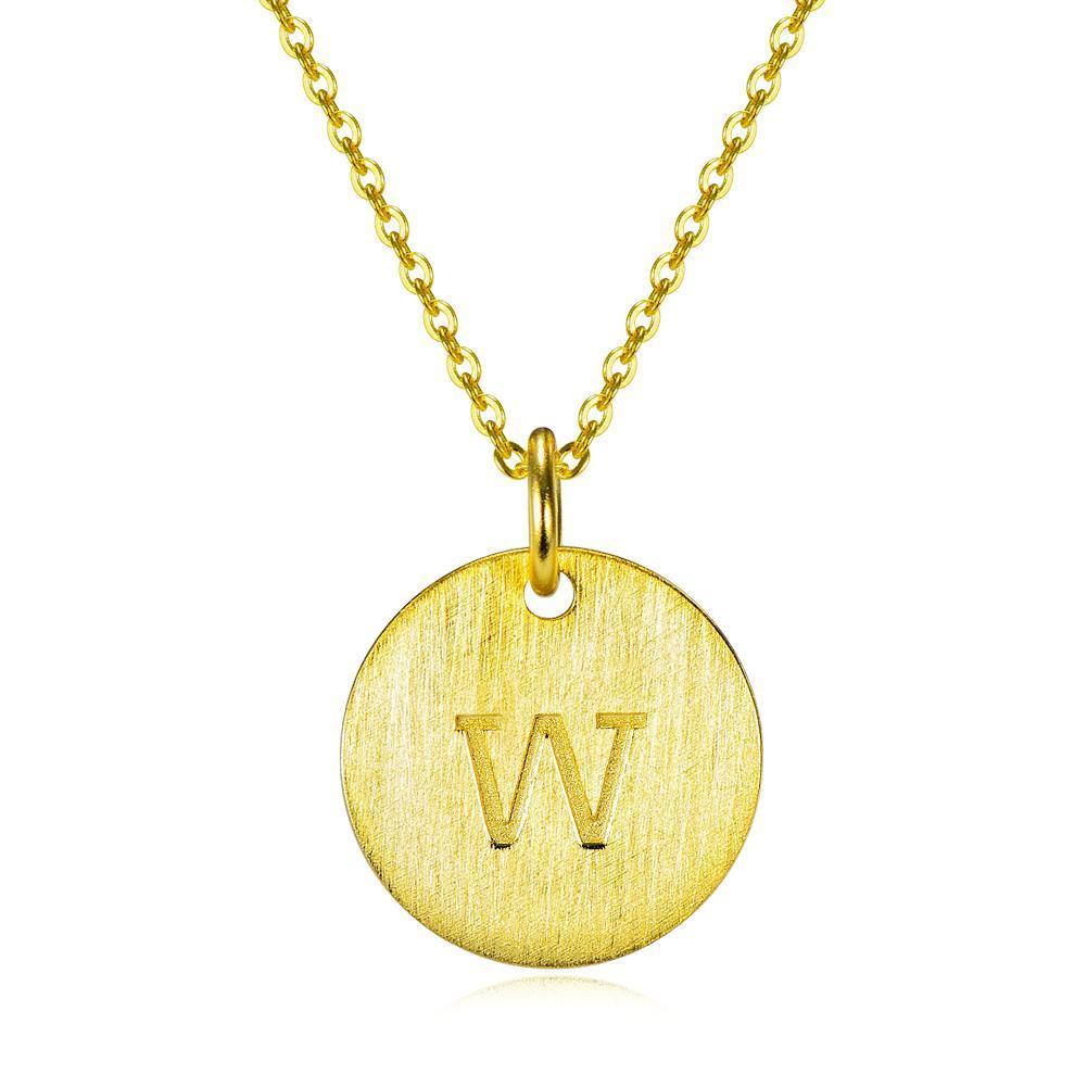 14K Yellow Gold Script Disc Initial Necklace Round Letter 'W' Pendant in 925 Sterling Siver 18'
