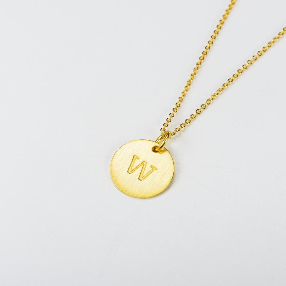 14K Yellow Gold Script Disc Initial Necklace Round Letter 'W' Pendant in 925 Sterling Siver 18'