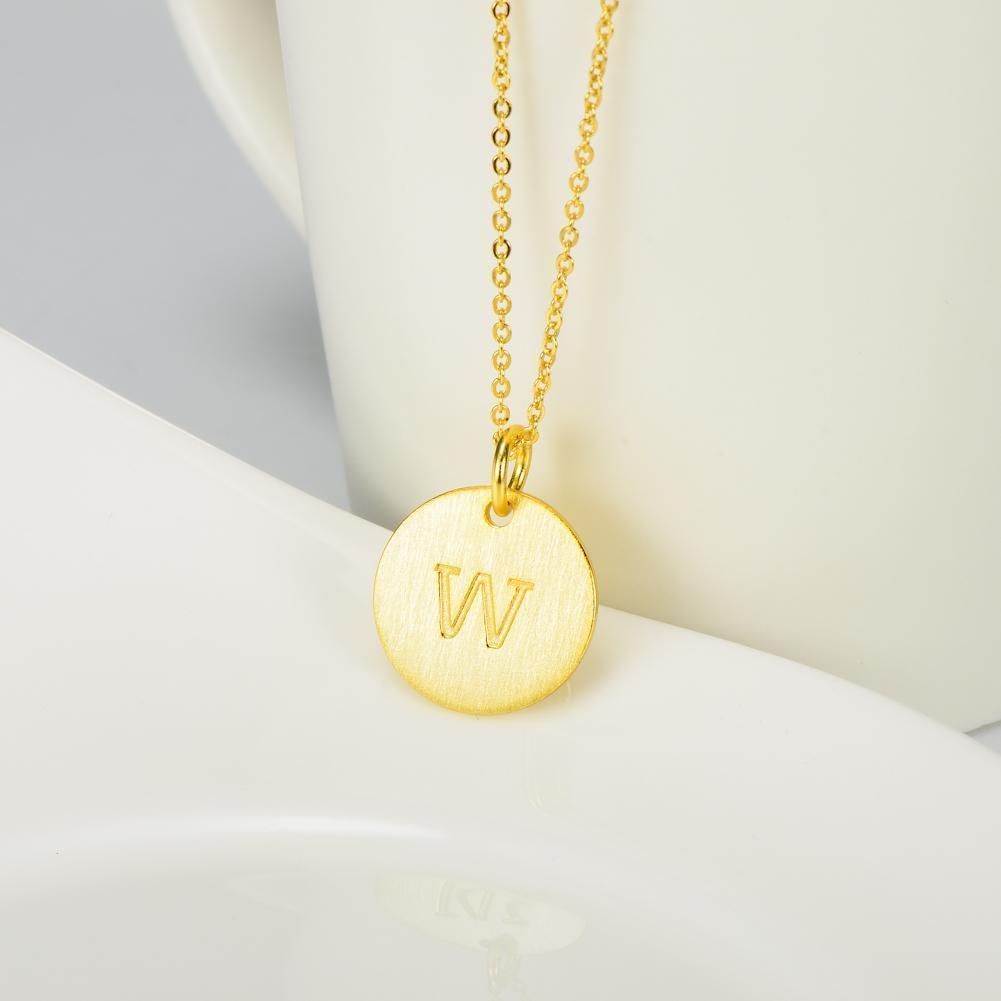 14K Yellow Gold Script Disc Initial Necklace Round Letter 'W' Pendant in 925 Sterling Siver 18'
