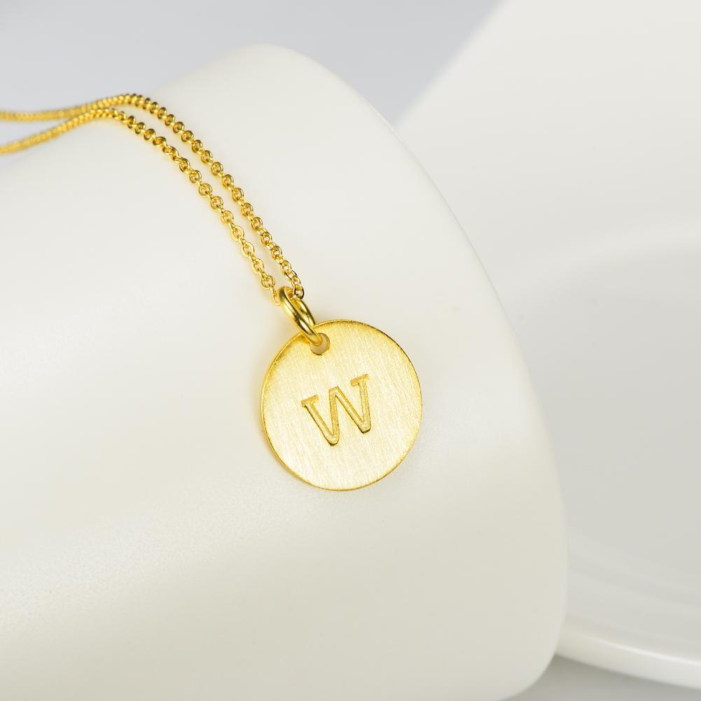 14K Yellow Gold Script Disc Initial Necklace Round Letter 'W' Pendant in 925 Sterling Siver 18'