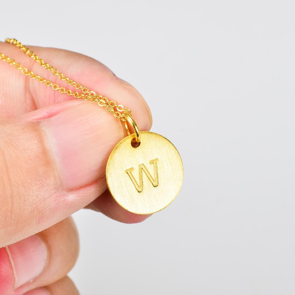 14K Yellow Gold Script Disc Initial Necklace Round Letter 'W' Pendant in 925 Sterling Siver 18'