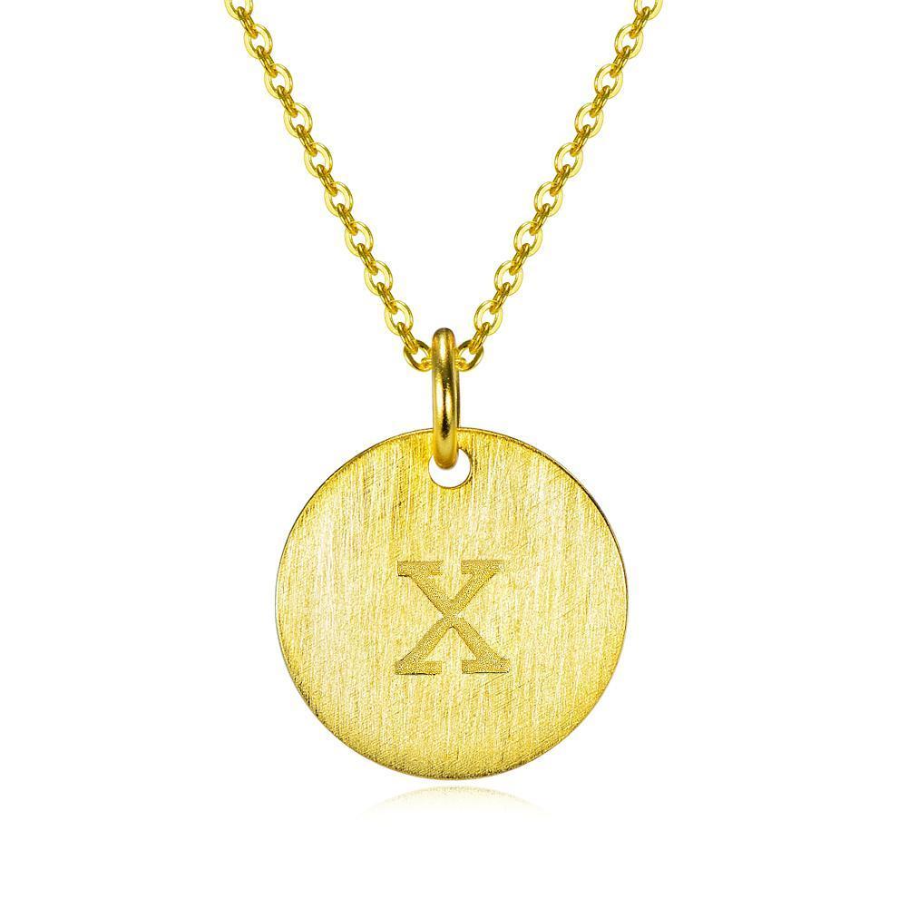 14K Yellow Gold Script Disc Initial Necklace Round Letter 'X' Pendant in 925 Sterling Siver 18'