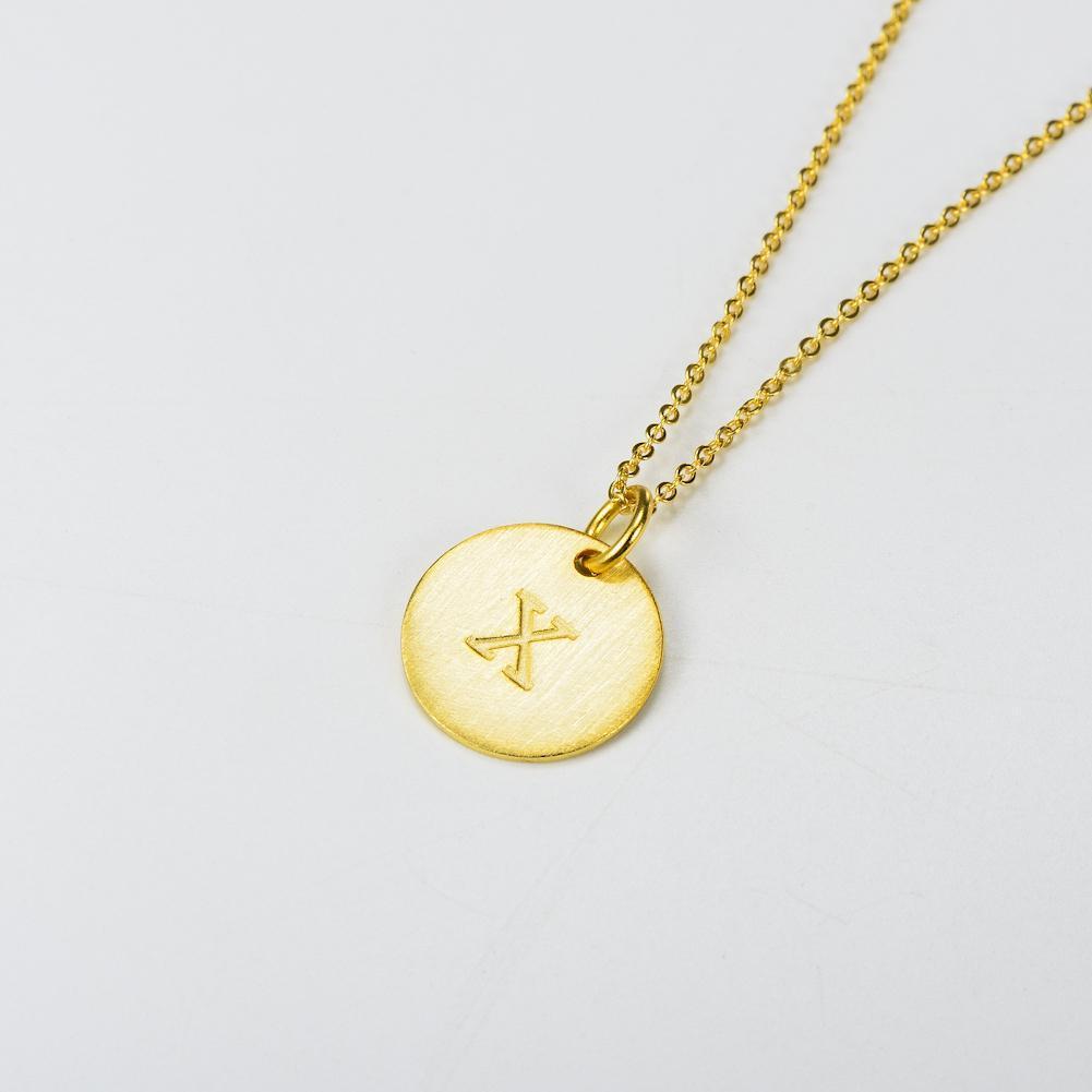 14K Yellow Gold Script Disc Initial Necklace Round Letter 'X' Pendant in 925 Sterling Siver 18'