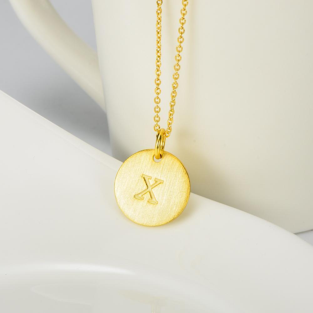 14K Yellow Gold Script Disc Initial Necklace Round Letter 'X' Pendant in 925 Sterling Siver 18'