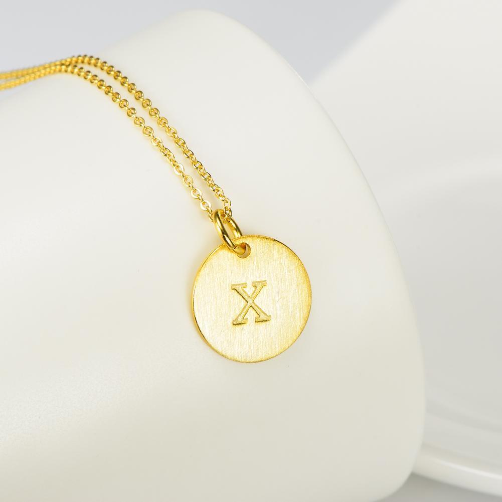 14K Yellow Gold Script Disc Initial Necklace Round Letter 'X' Pendant in 925 Sterling Siver 18'