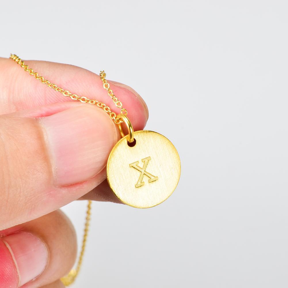 14K Yellow Gold Script Disc Initial Necklace Round Letter 'X' Pendant in 925 Sterling Siver 18'