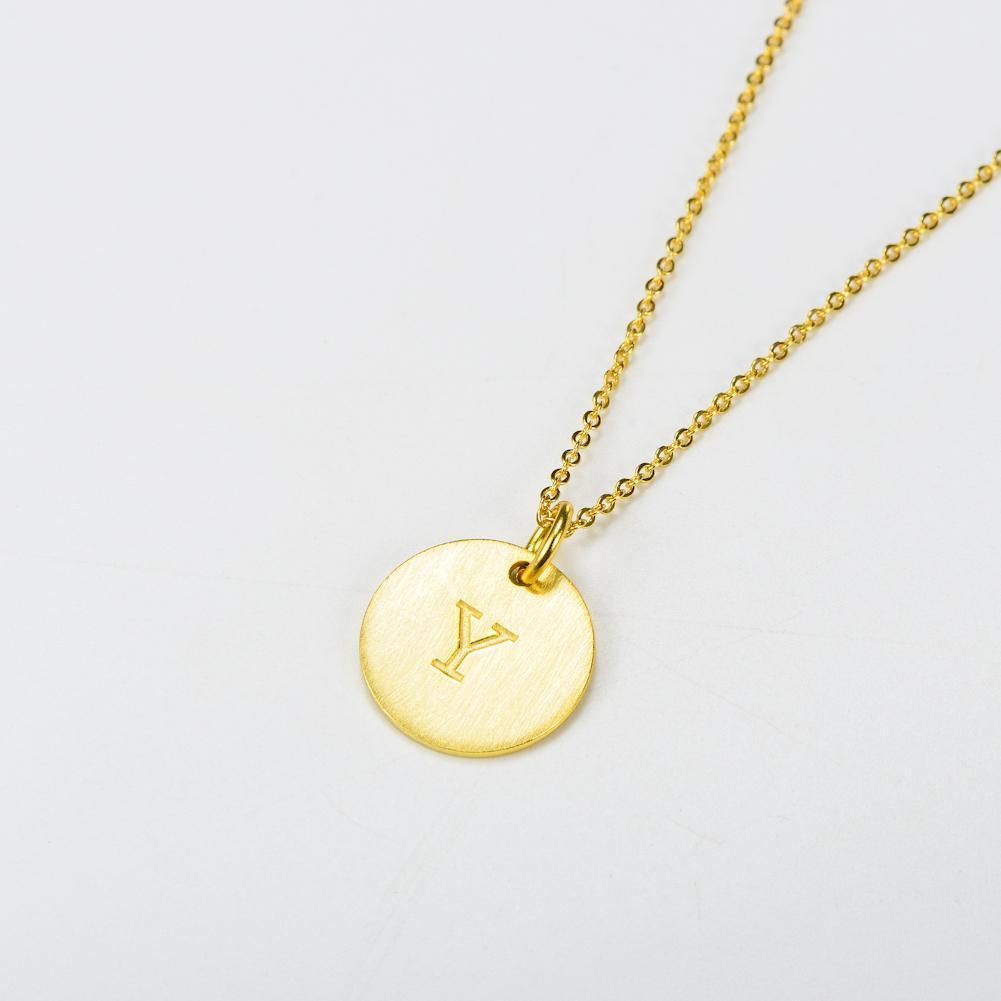 14K Yellow Gold Script Disc Initial Necklace Round Letter 'Y' Pendant in 925 Sterling Siver