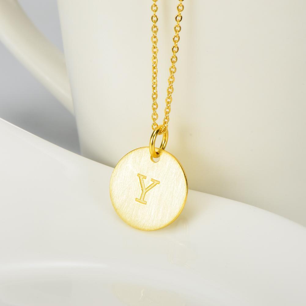 14K Yellow Gold Script Disc Initial Necklace Round Letter 'Y' Pendant in 925 Sterling Siver