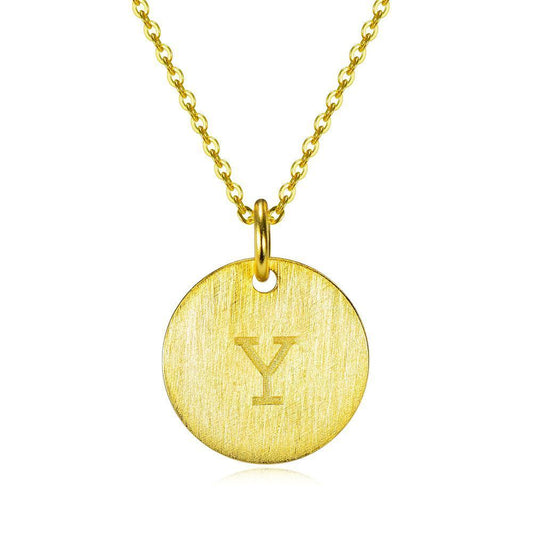 14K Yellow Gold Script Disc Initial Necklace Round Letter 'Y' Pendant in 925 Sterling Siver