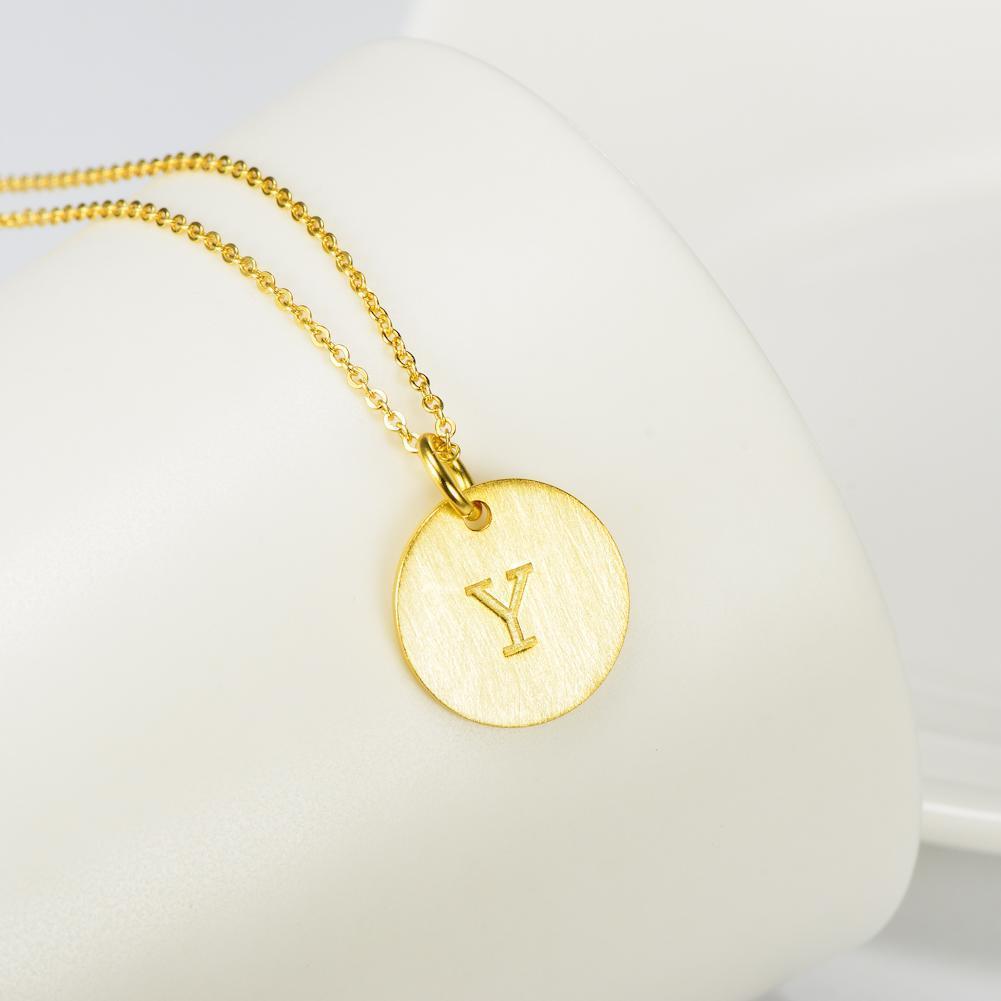 14K Yellow Gold Script Disc Initial Necklace Round Letter 'Y' Pendant in 925 Sterling Siver