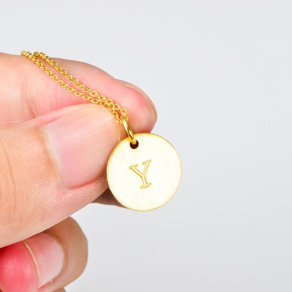 14K Yellow Gold Script Disc Initial Necklace Round Letter 'Y' Pendant in 925 Sterling Siver