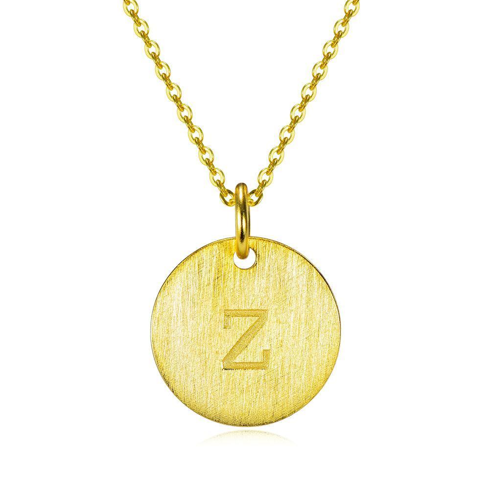 14K Yellow Gold Script Disc Initial Necklace Round Letter 'Z' Pendant in 925 Sterling Siver 18'