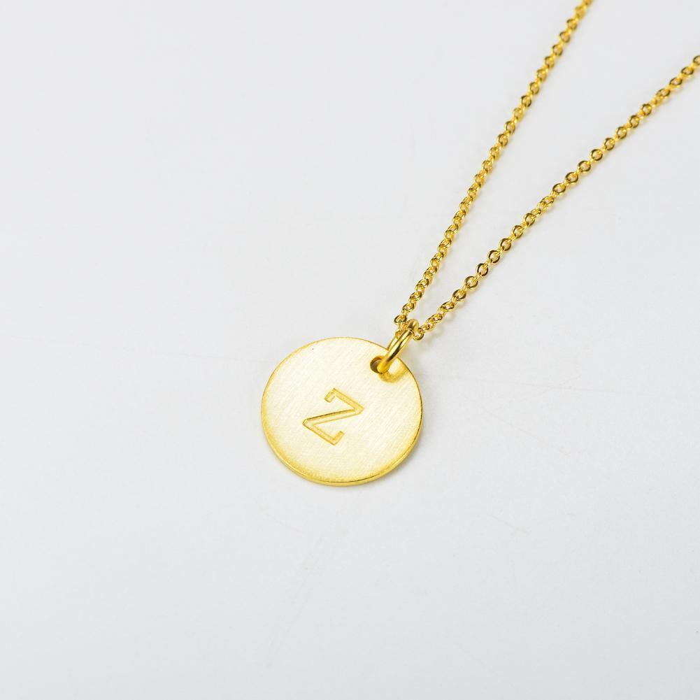 14K Yellow Gold Script Disc Initial Necklace Round Letter 'Z' Pendant in 925 Sterling Siver 18'