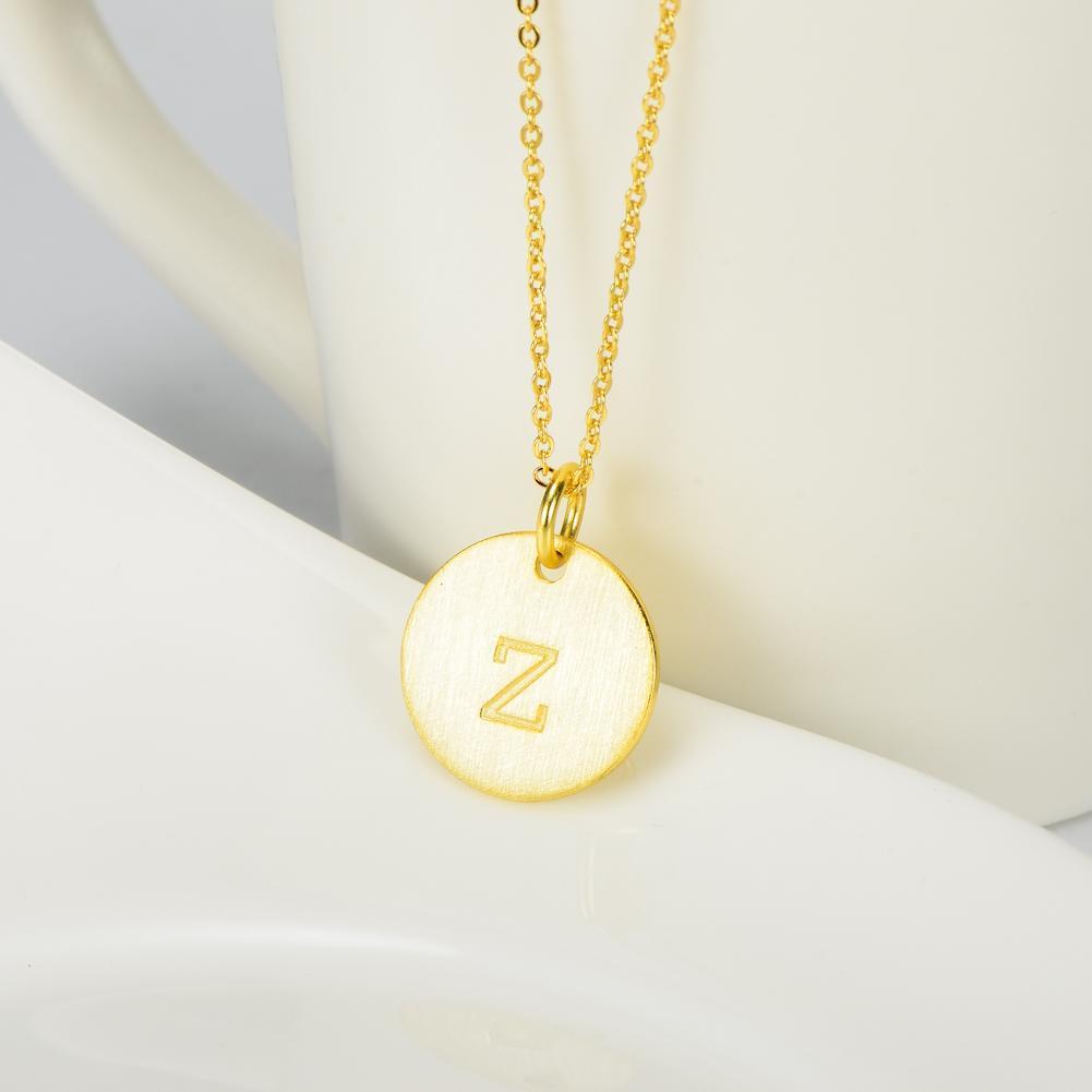 14K Yellow Gold Script Disc Initial Necklace Round Letter 'Z' Pendant in 925 Sterling Siver 18'