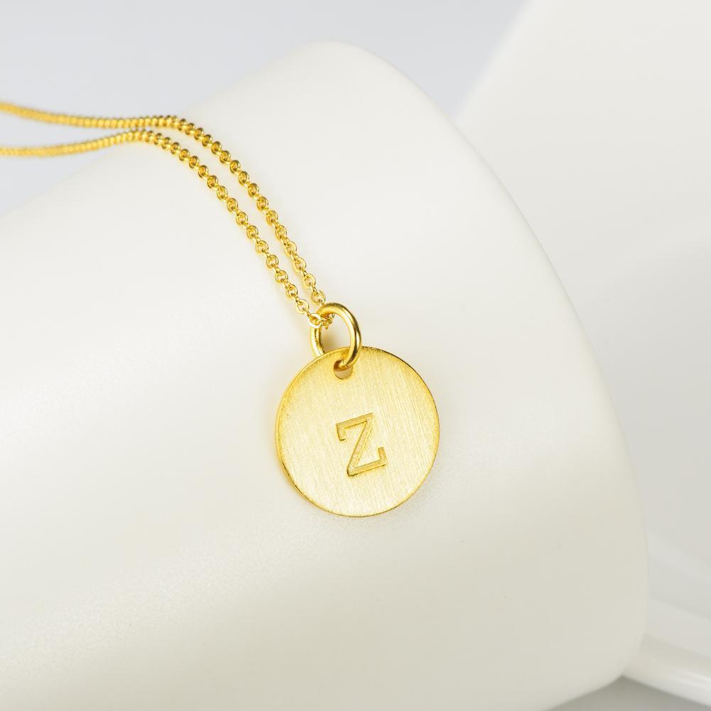 14K Yellow Gold Script Disc Initial Necklace Round Letter 'Z' Pendant in 925 Sterling Siver 18'