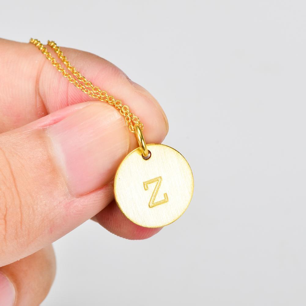 14K Yellow Gold Script Disc Initial Necklace Round Letter 'Z' Pendant in 925 Sterling Siver 18'