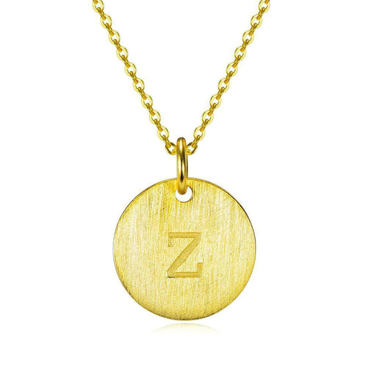 14K Yellow Gold Script Disc Initial Necklace Round Letter 'Z' Pendant in 925 Sterling Siver 18'