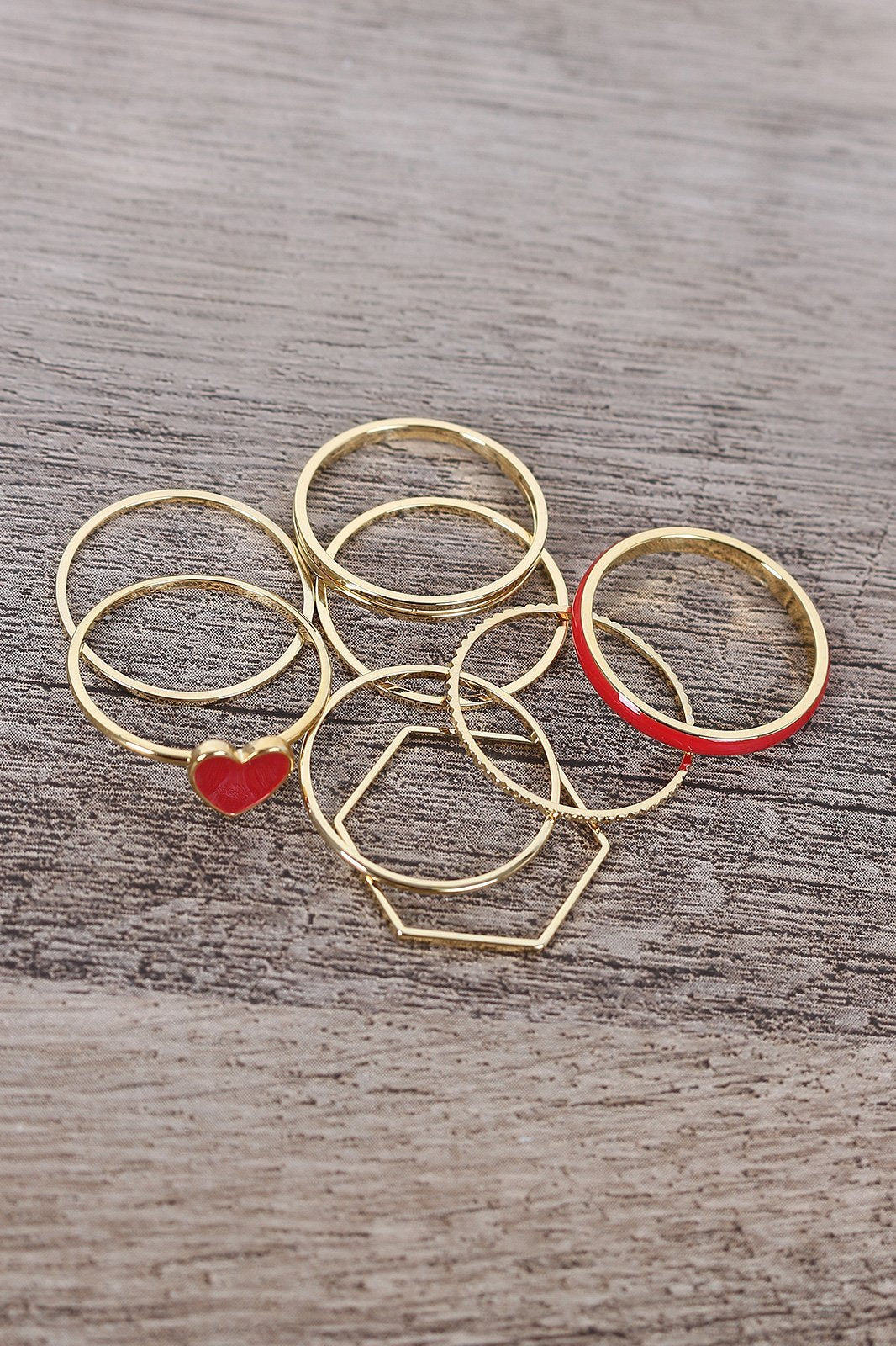 Heart-Shaped Enamel Charm Ring Set