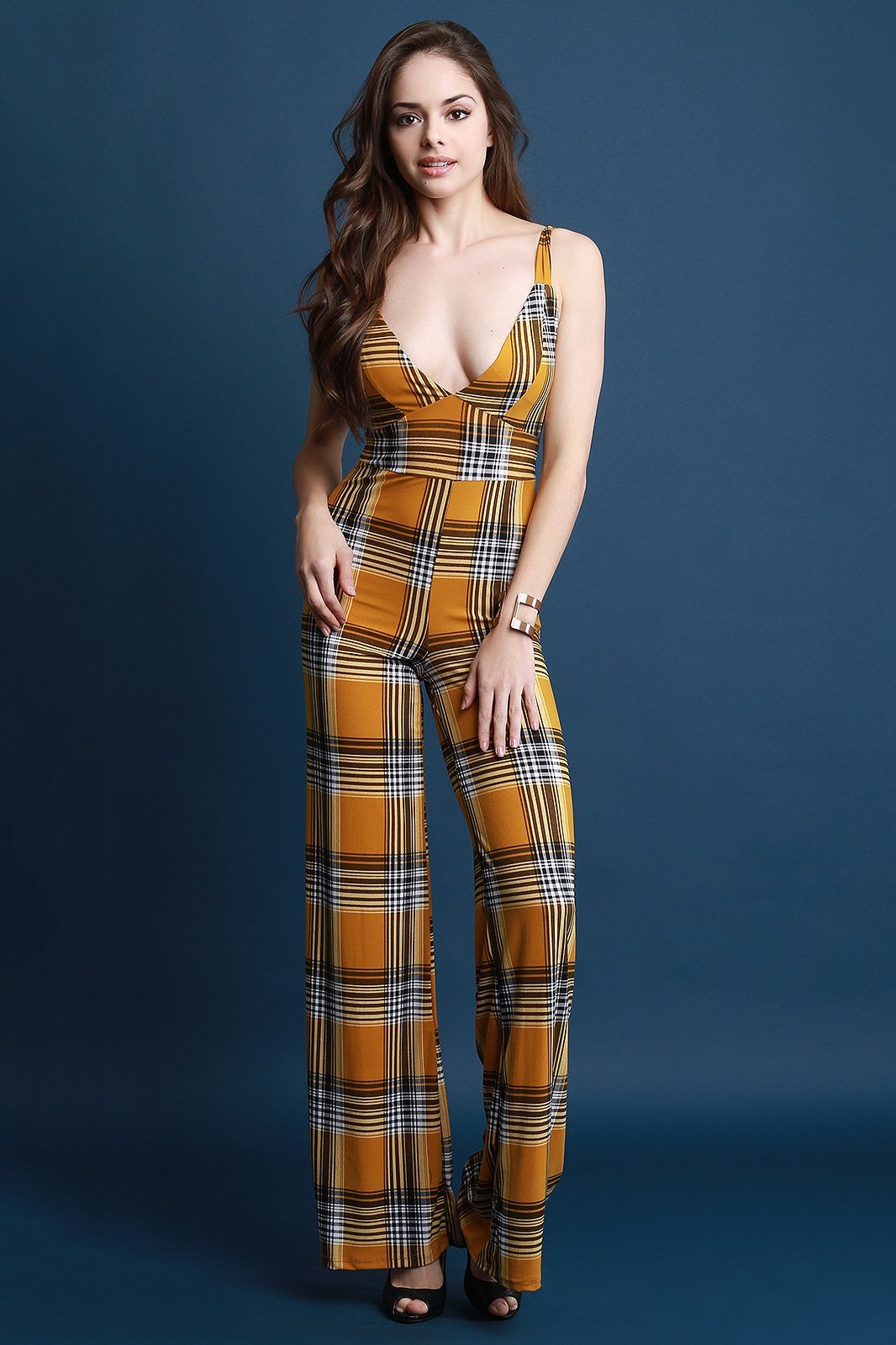 Plaid V-Neck Palazzo Jumpsuit