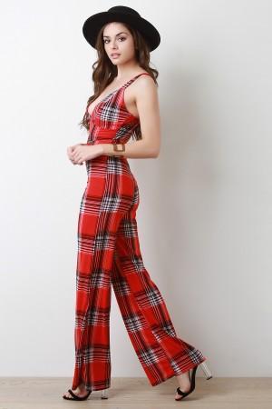 Plaid V-Neck Palazzo Jumpsuit